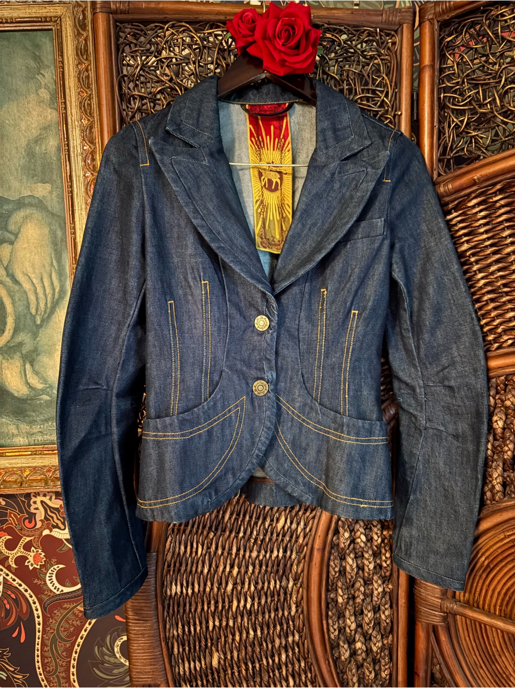 Rare L.A.M.B. By Gwen Stefani Denim Blazer Jacket Frayed Seam Back Y2k Size 2